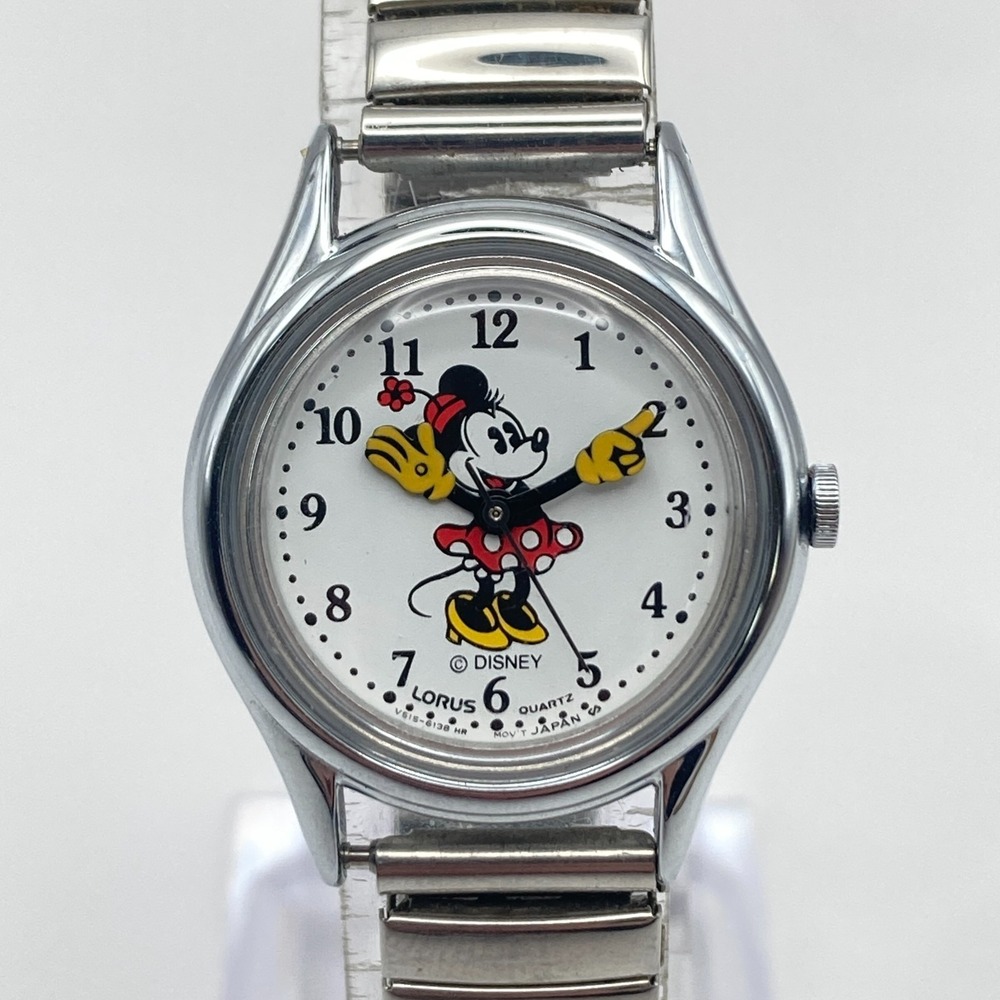 Vtg Lorus Minnie Mouse Watch Women Silver Tone Pointing Hands V515-6080 New Batt